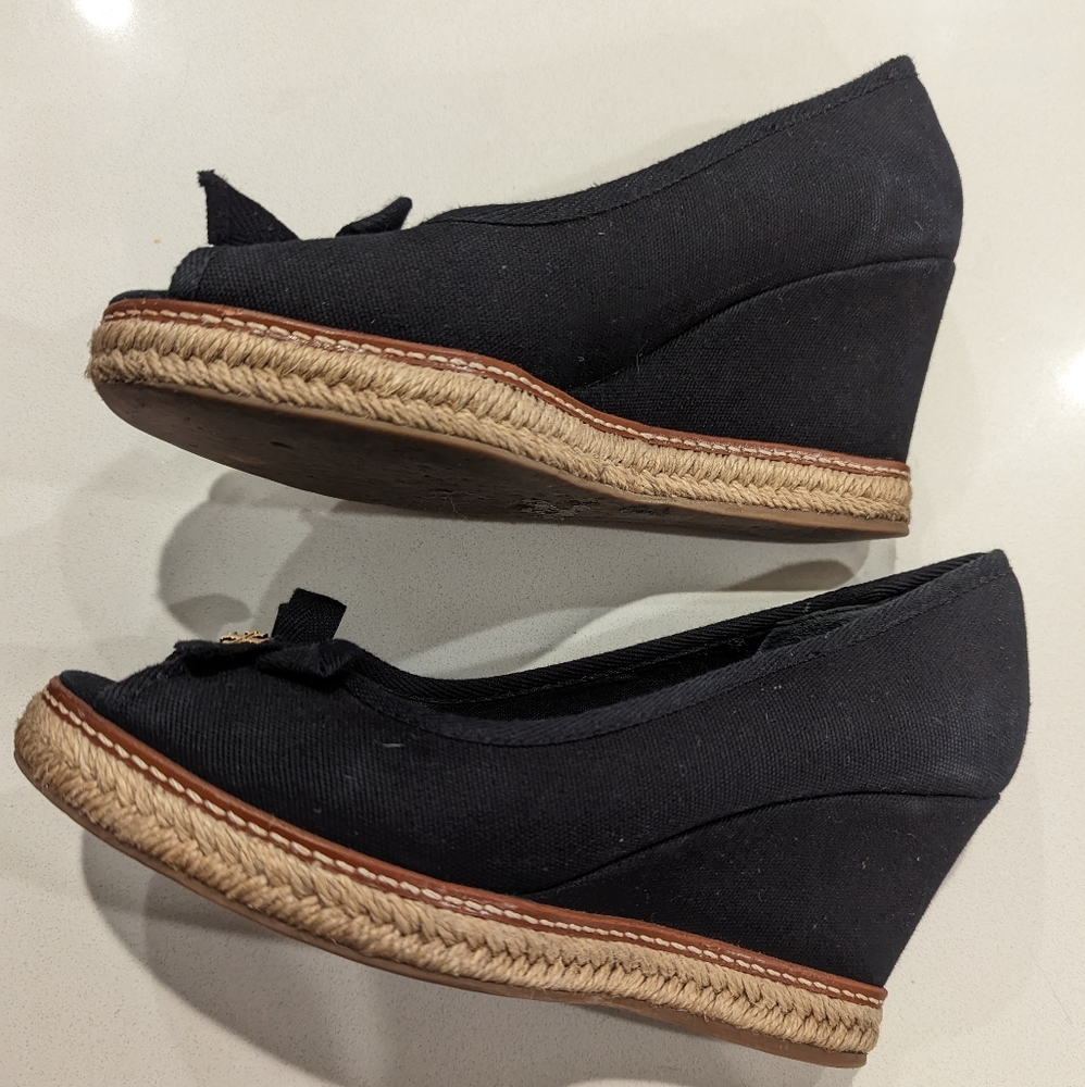 Tory Burch Jackie 2 Wedges Espadrille Peep-Toe Black Canvas Sandal size …